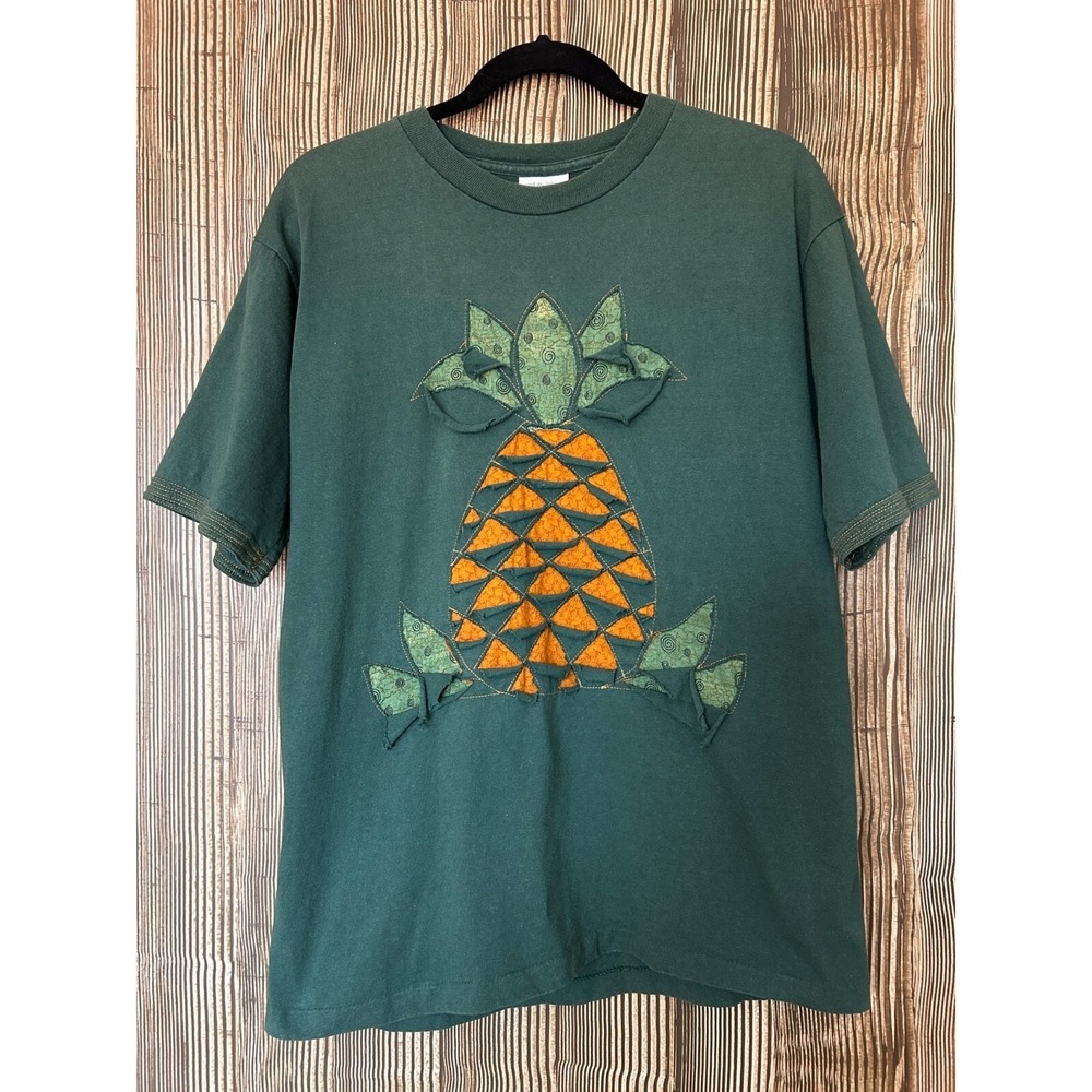 Vintage Fahion Gear Single Stitch Pineapple T Shirt M Green 3-D Textured US Made